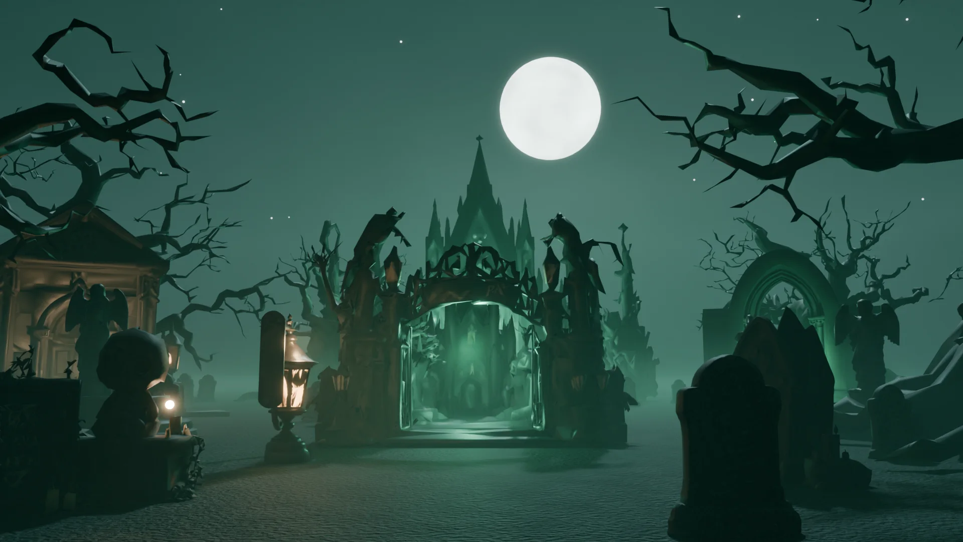 Graveyard: Old stone, dead trees, and doors that were sealed for a reason.